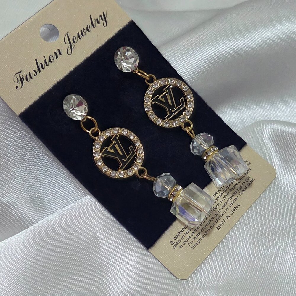 LV Style Chic Gold Tone & Clear Faux Crystal Dangle Long Earrings